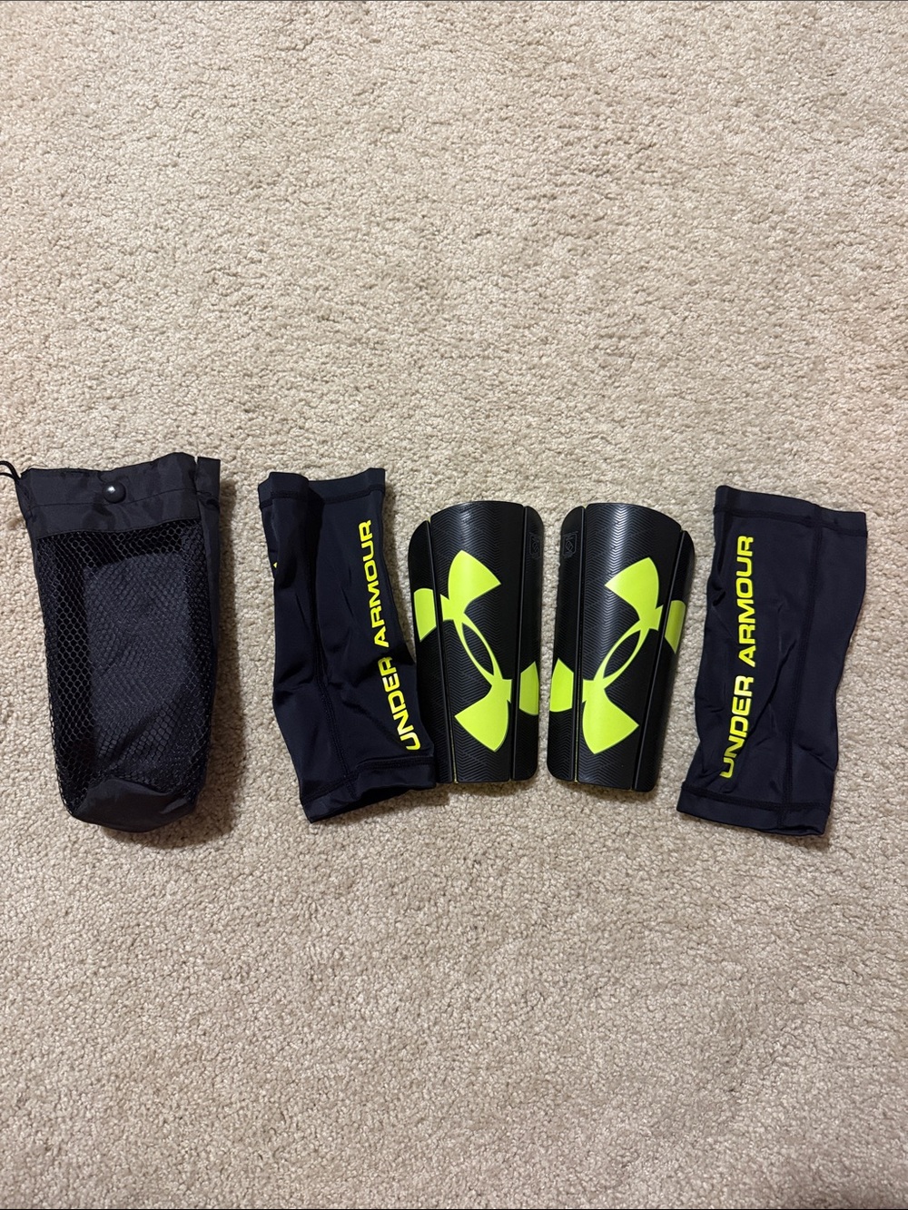Under Armour Black and Neon Yellow Shin Guard Set